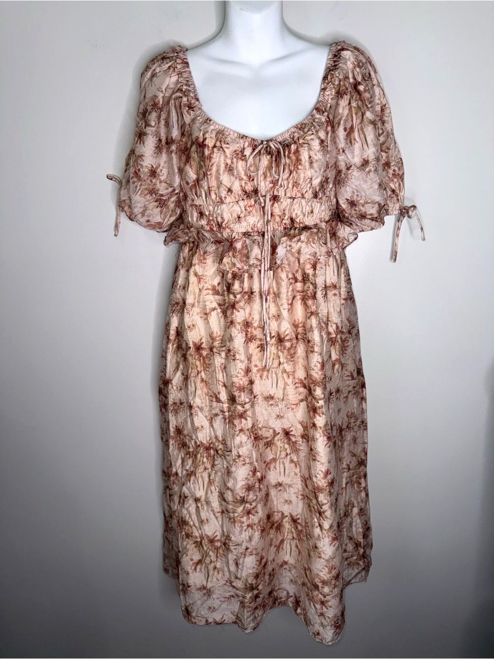 Bohme Nella MIDI Dress Women’s Medium Rust Floral Puff-Sleeve !